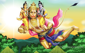HD wallpaper with the background of Hanuman holding Rama and Laxman on his shoulders