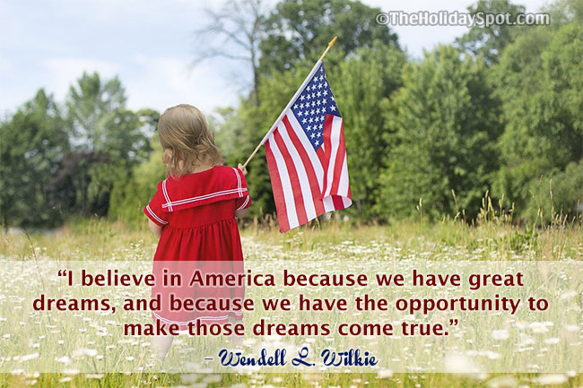Inspiring Fourth of July image featuring a quote about American dreams and the opportunity to achieve them