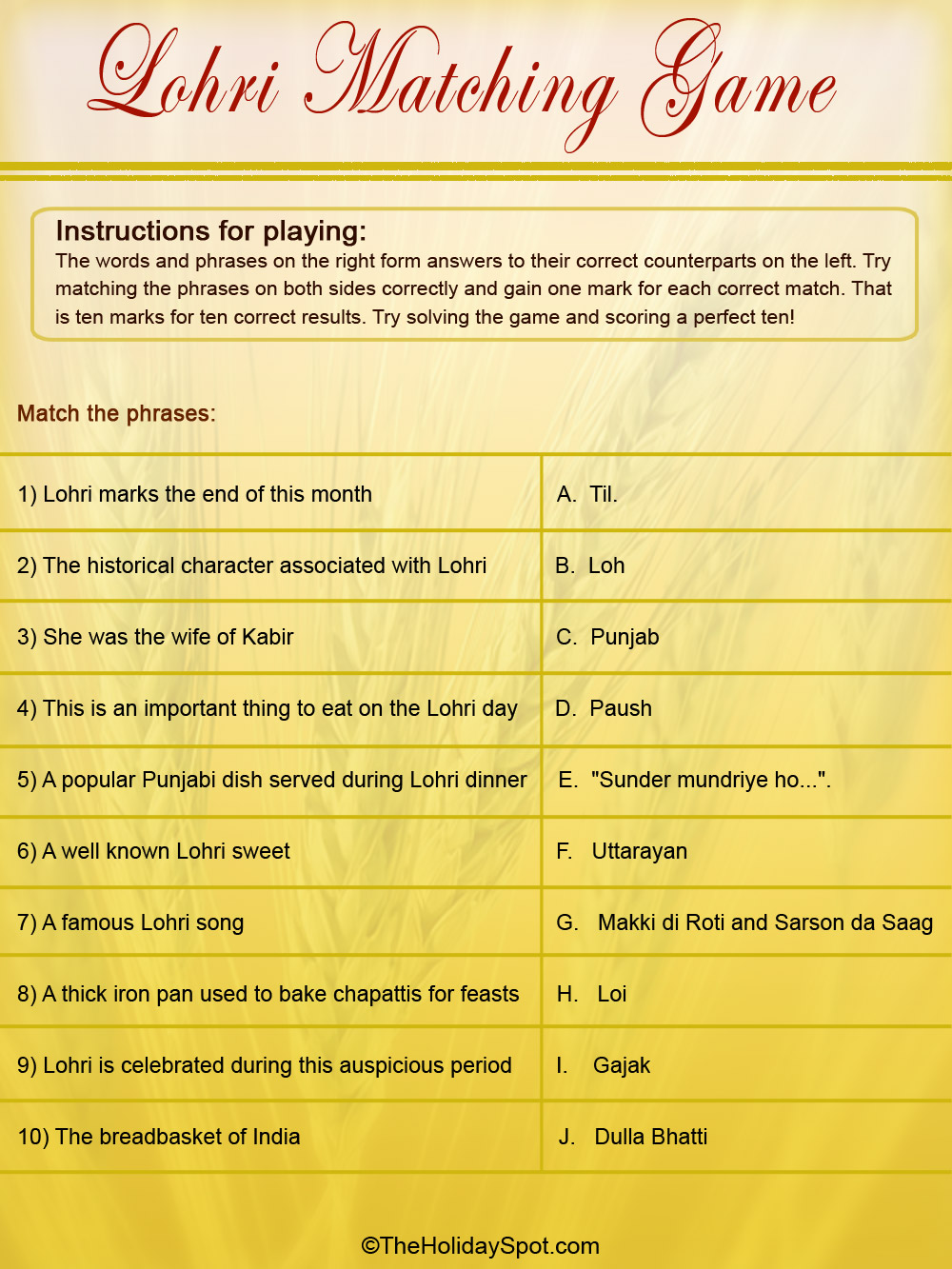 Lohri Colored Matching Game Template