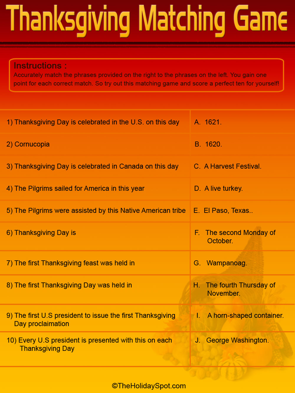 Thanksgiving Day Colored Matching Game Template